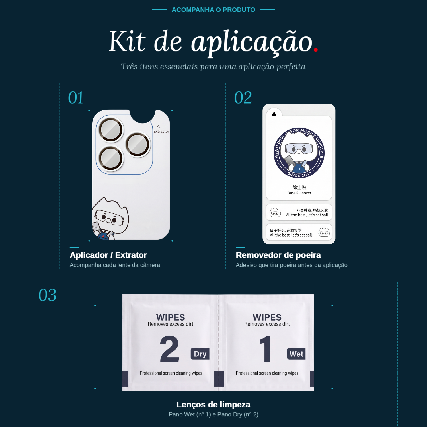Kit de aplica&ccedil;&atilde;o &mdash; tr&ecirc;s itens essenciais que acompanham a Pel&iacute;cula de C&acirc;mera: aplicador/extrator, removedor de poeira e len&ccedil;os de limpeza