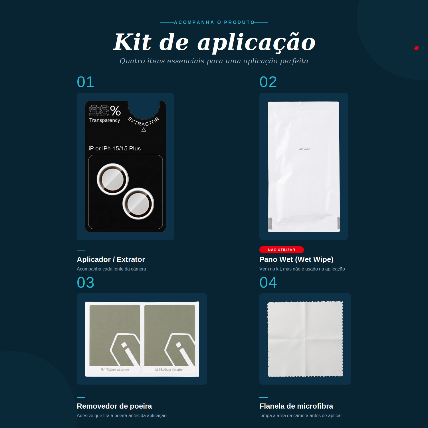 Kit de aplicação — três itens essenciais que acompanham a Película de Câmera: aplicador/extrator, removedor de poeira e lenços de limpeza