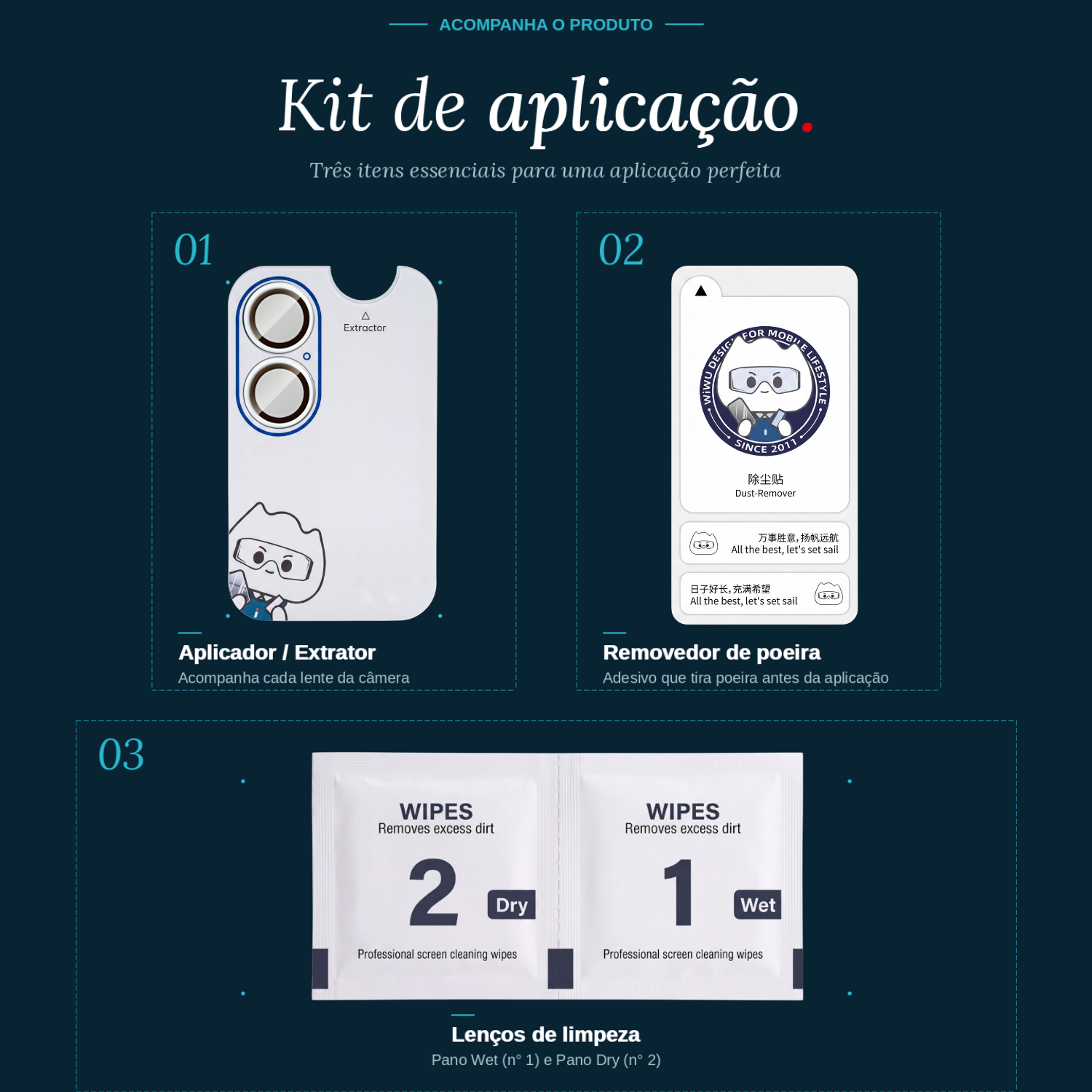 Kit de aplica&ccedil;&atilde;o &mdash; tr&ecirc;s itens essenciais que acompanham a Pel&iacute;cula de C&acirc;mera: aplicador/extrator, removedor de poeira e len&ccedil;os de limpeza