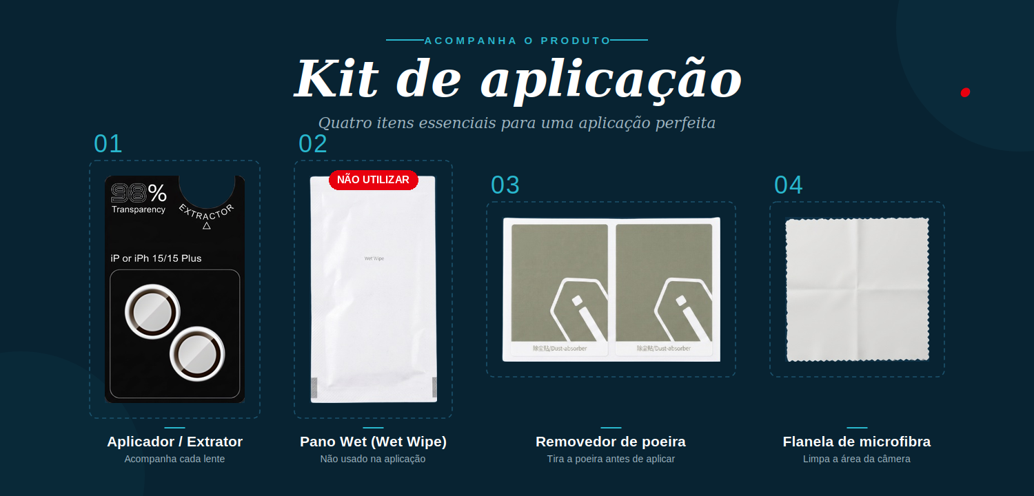 Kit de aplicação, três itens essenciais que acompanham a Película de Câmera: aplicador/extrator, removedor de poeira e lenços de limpeza
