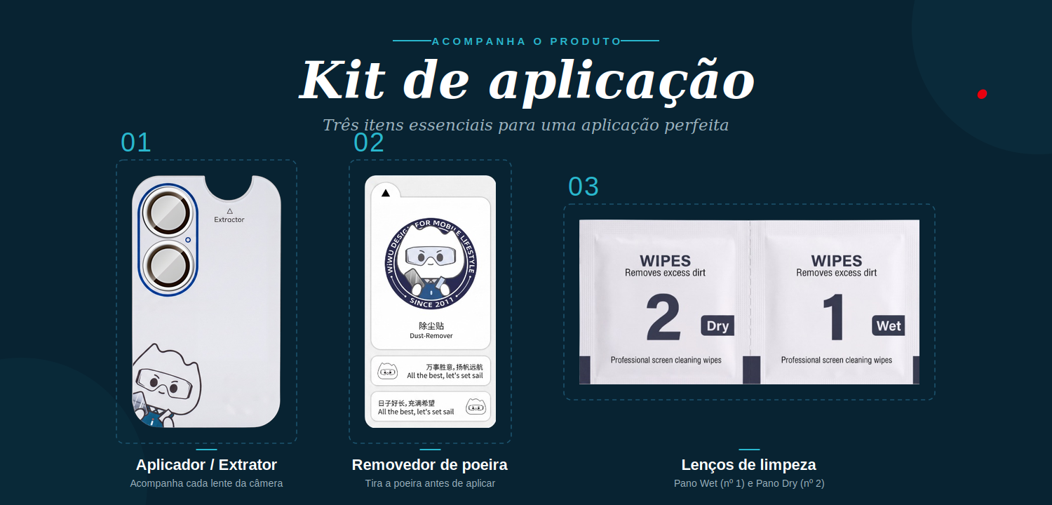 Kit de aplicação, três itens essenciais que acompanham a Película de Câmera: aplicador/extrator, removedor de poeira e lenços de limpeza