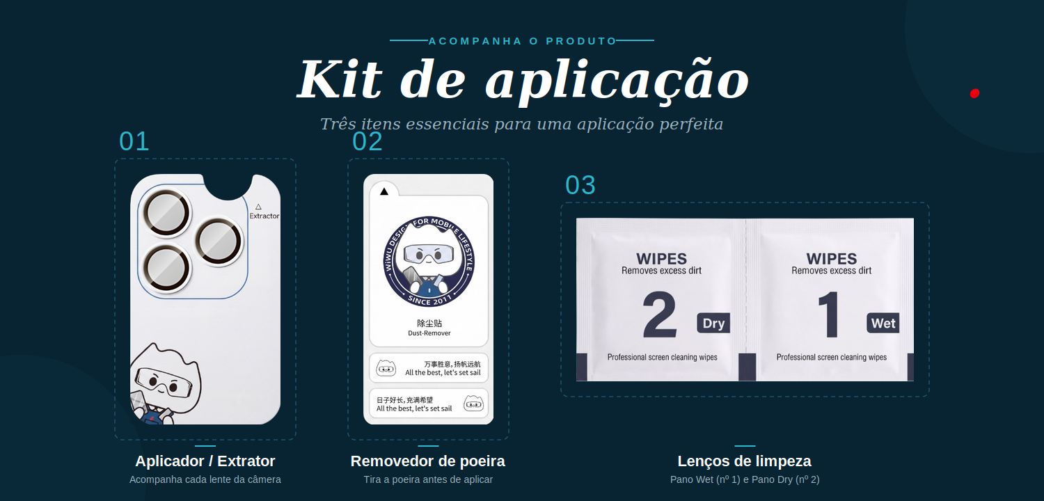 Kit de aplica&ccedil;&atilde;o &mdash; tr&ecirc;s itens essenciais que acompanham a Pel&iacute;cula de C&acirc;mera: aplicador/extrator, removedor de poeira e len&ccedil;os de limpeza