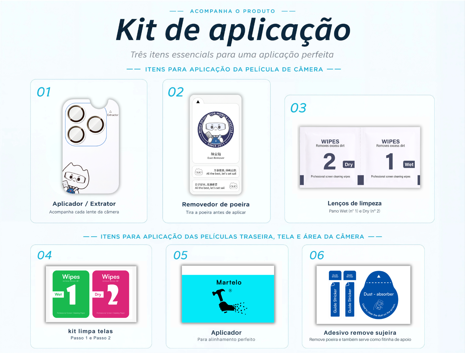 Kit de aplica&ccedil;&atilde;o: itens essenciais que acompanham as pel&iacute;culas do Combo Envelopamento: aplicador, adesivo remove sujeira e kit limpa telas