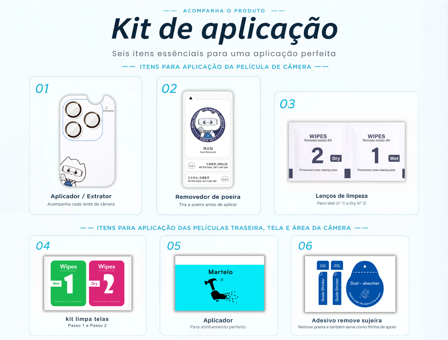 Kit de aplica&ccedil;&atilde;o: itens essenciais que acompanham as pel&iacute;culas do Combo Envelopamento: aplicador, adesivo remove sujeira e kit limpa telas