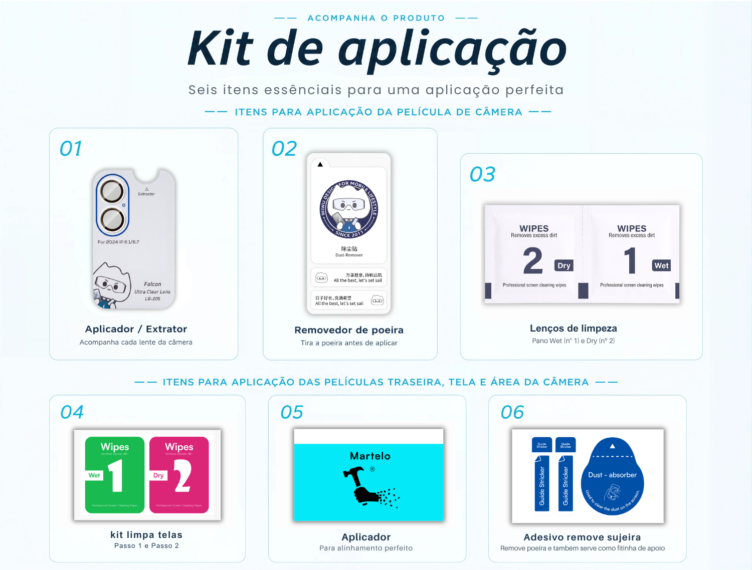 Kit de aplica&ccedil;&atilde;o: itens essenciais que acompanham as pel&iacute;culas do Combo Envelopamento: aplicador, adesivo remove sujeira e kit limpa telas