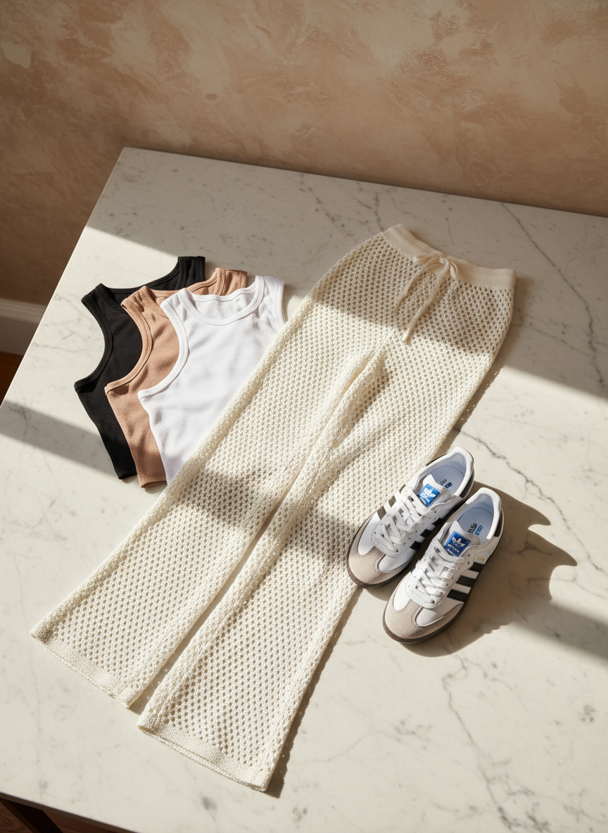 Top marrón, palazzo tejido y Adidas Samba en pileta tipo playa