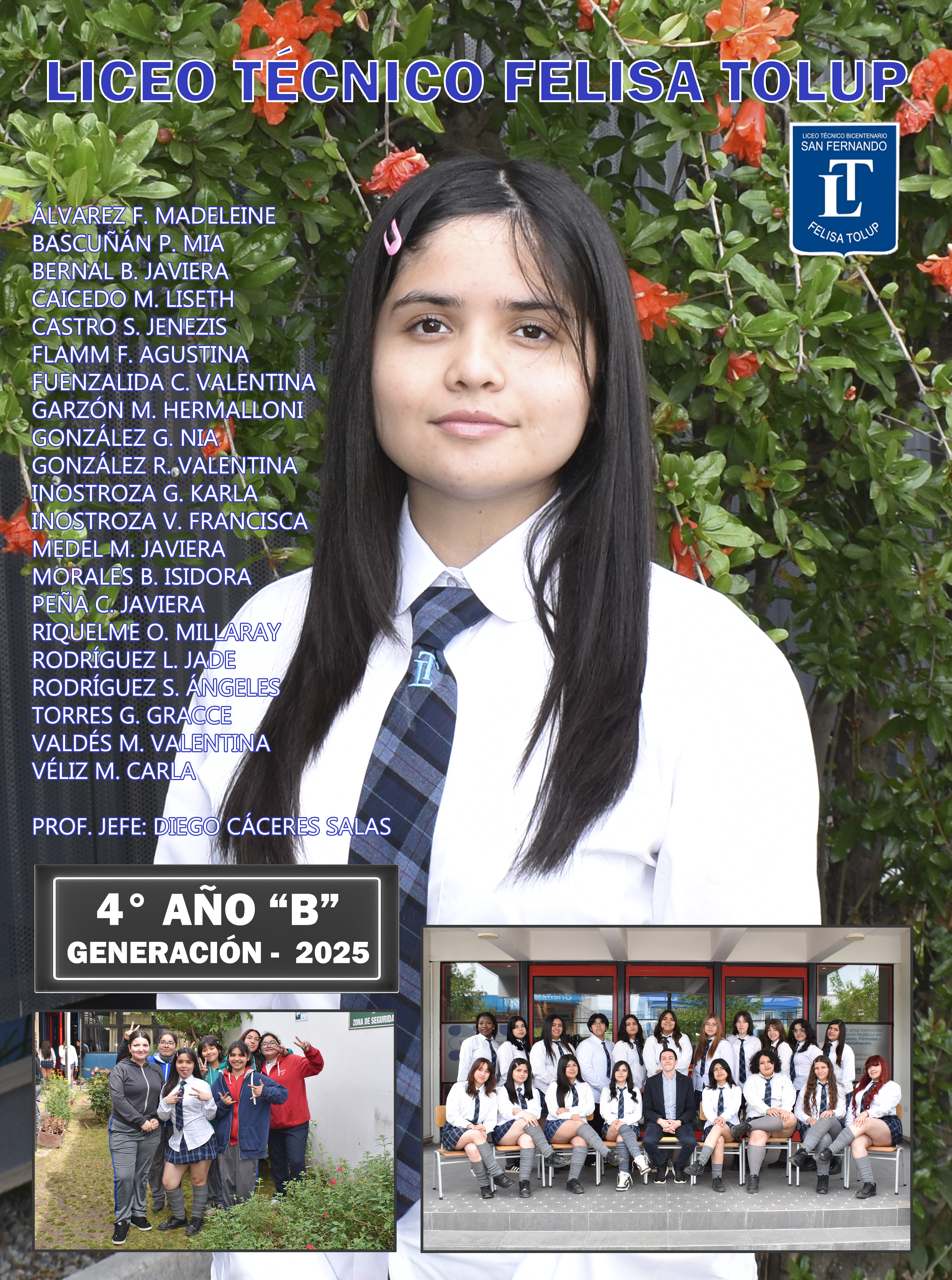 Cuadro de licenciatura de cuarto medio con retrato individual y fotografías del curso, generación 2025.