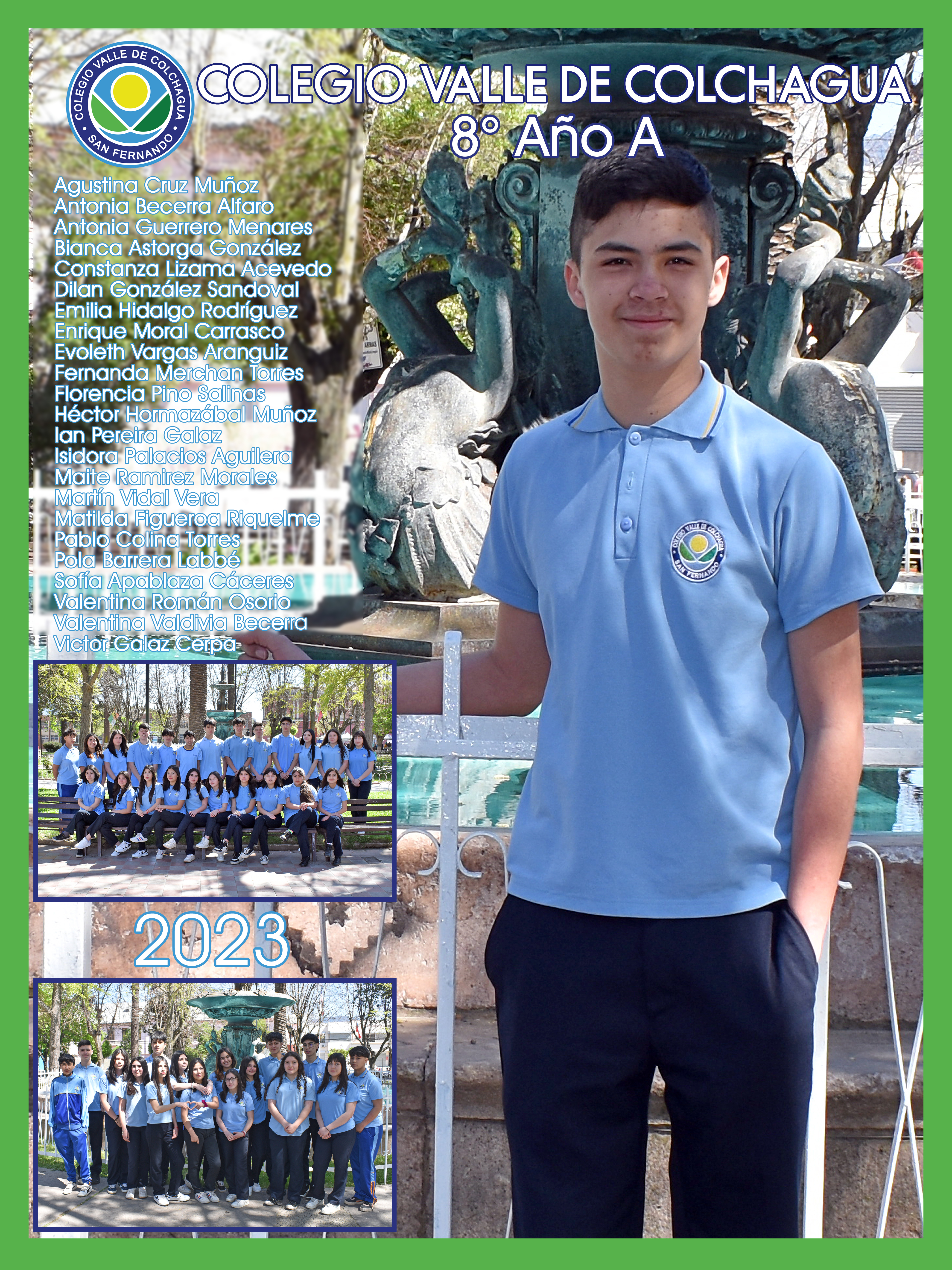 Cuadro de licenciatura de octavo básico con retrato individual y fotografías del curso, generación 2023.