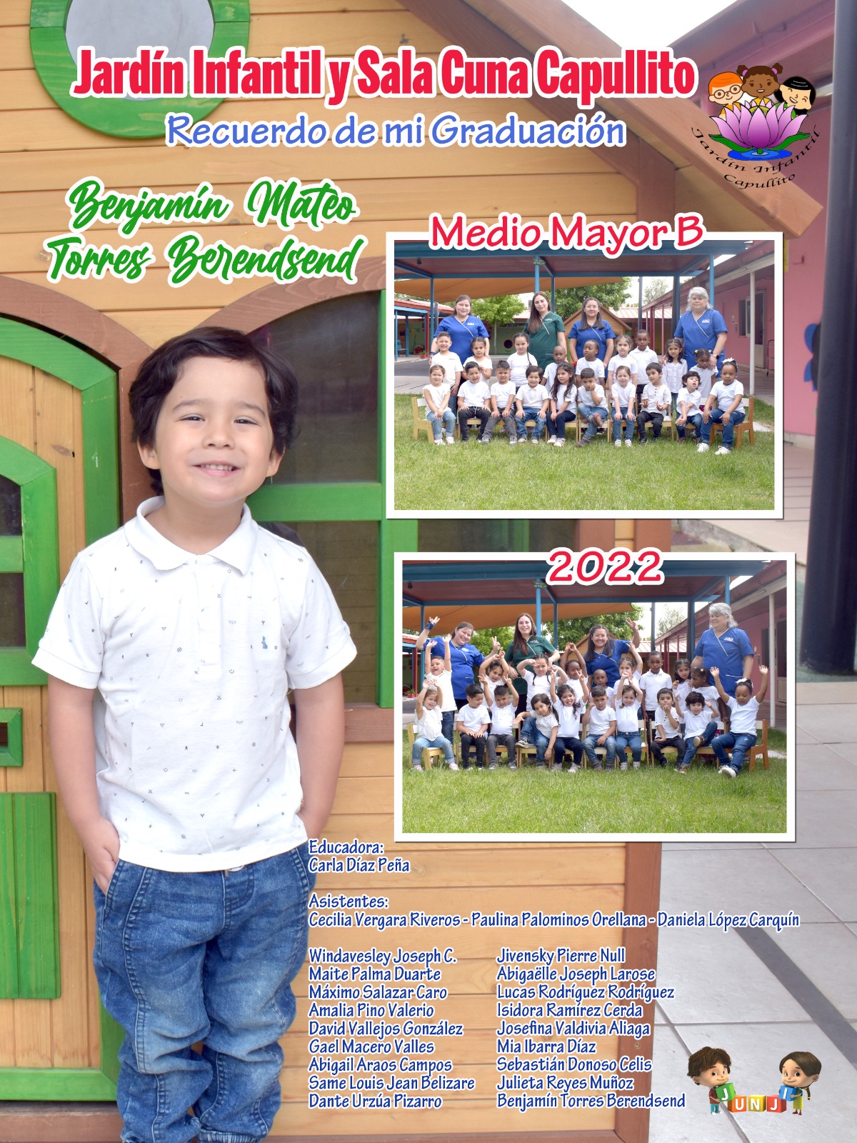 Cuadro personalizado de graduación de jardín infantil con retrato y fotografías del curso.