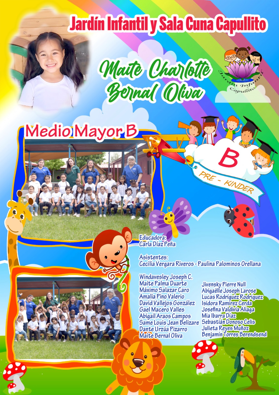 Cuadro de graduación de jardín infantil con diseño de arcoíris y fotografías del curso.
