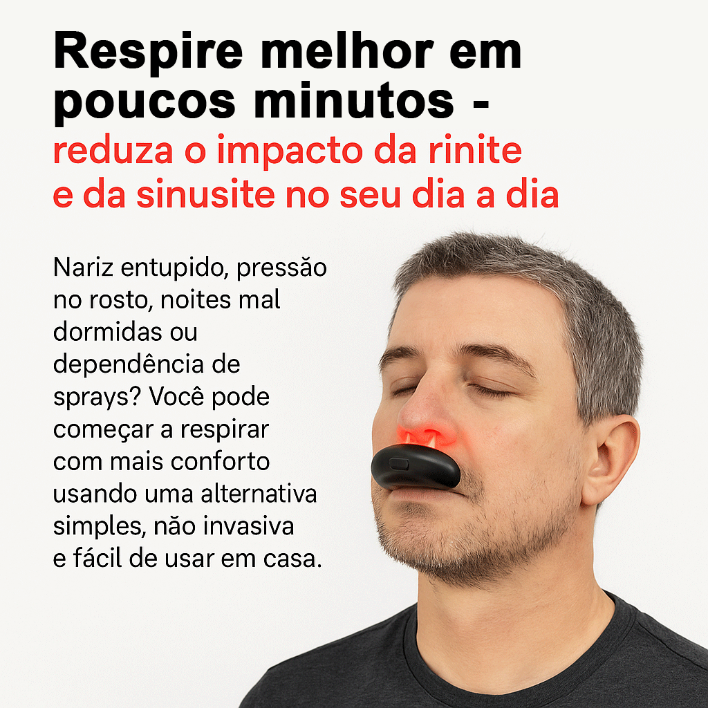 Pessoa real utilizando dispositivo nasal para aliviar rinite e sinusite