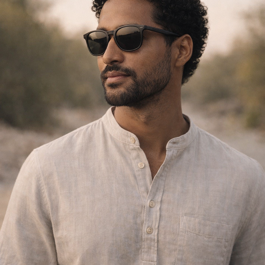 Homem usando &oacute;culos em ambiente natural