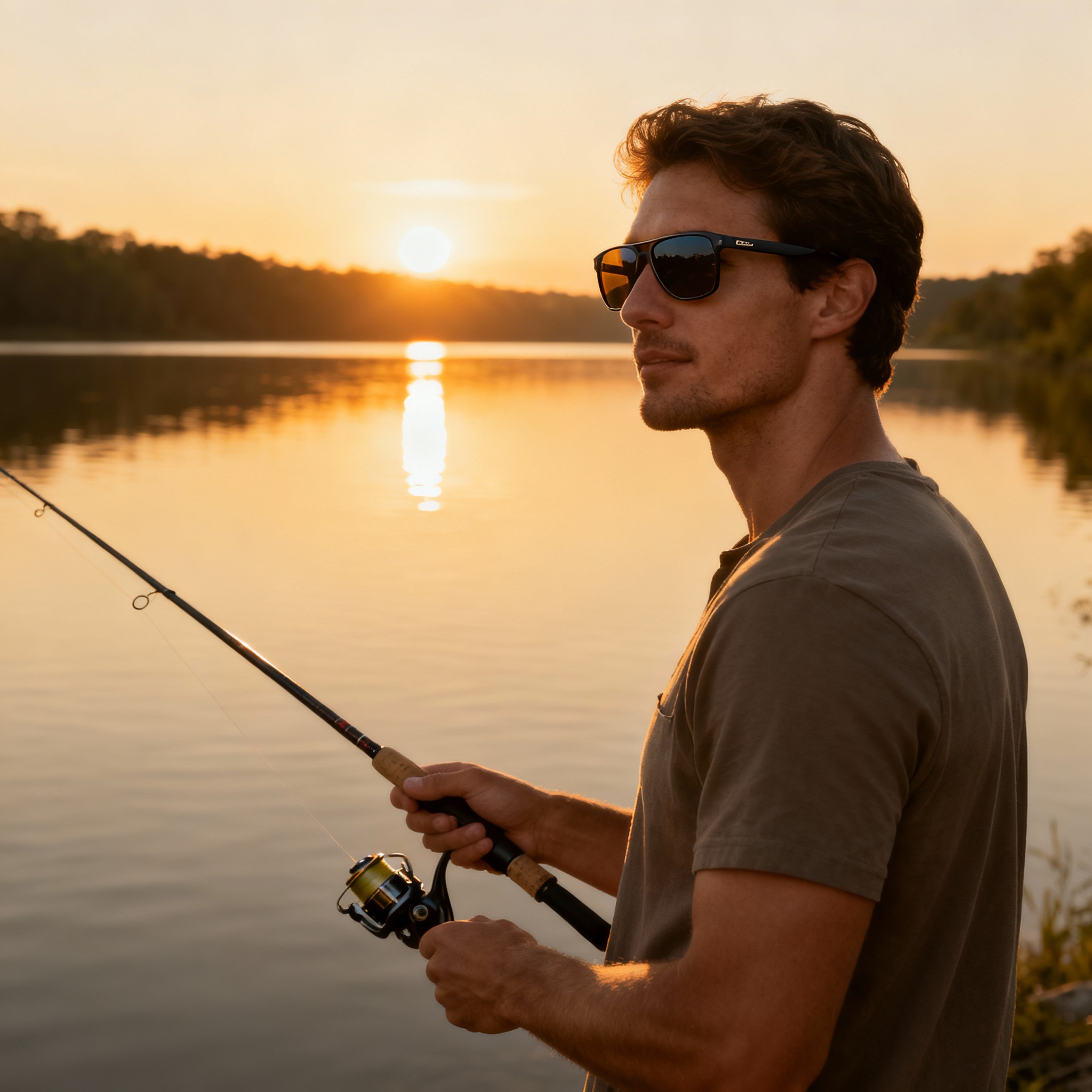 Homem pescando com &oacute;culos