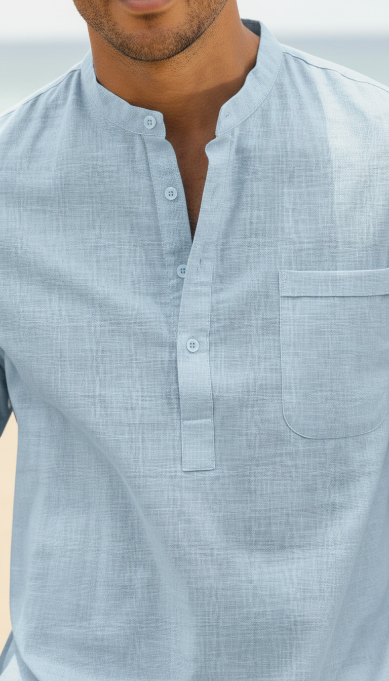 Detalhe do tecido e gola Henley