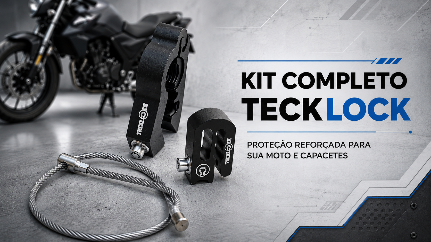 Proteção TeckLock bloqueando acelerador, mantendo o manete pressionado e prendendo capacete
