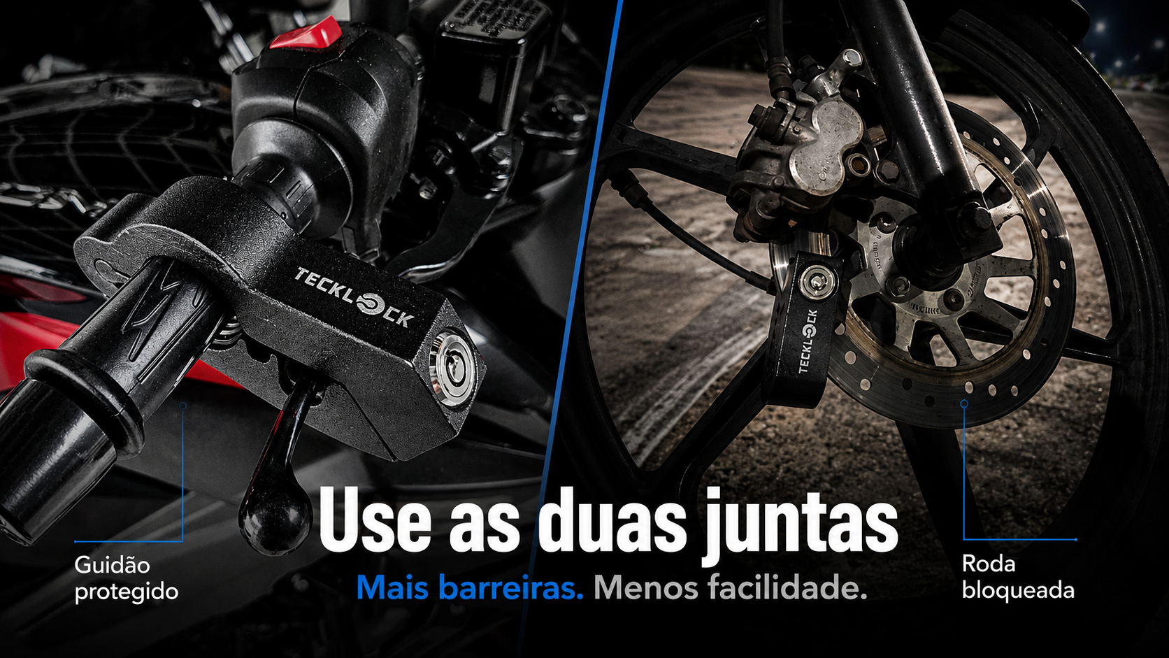 Trava de manopla e trava de disco TeckLock usadas juntas na moto