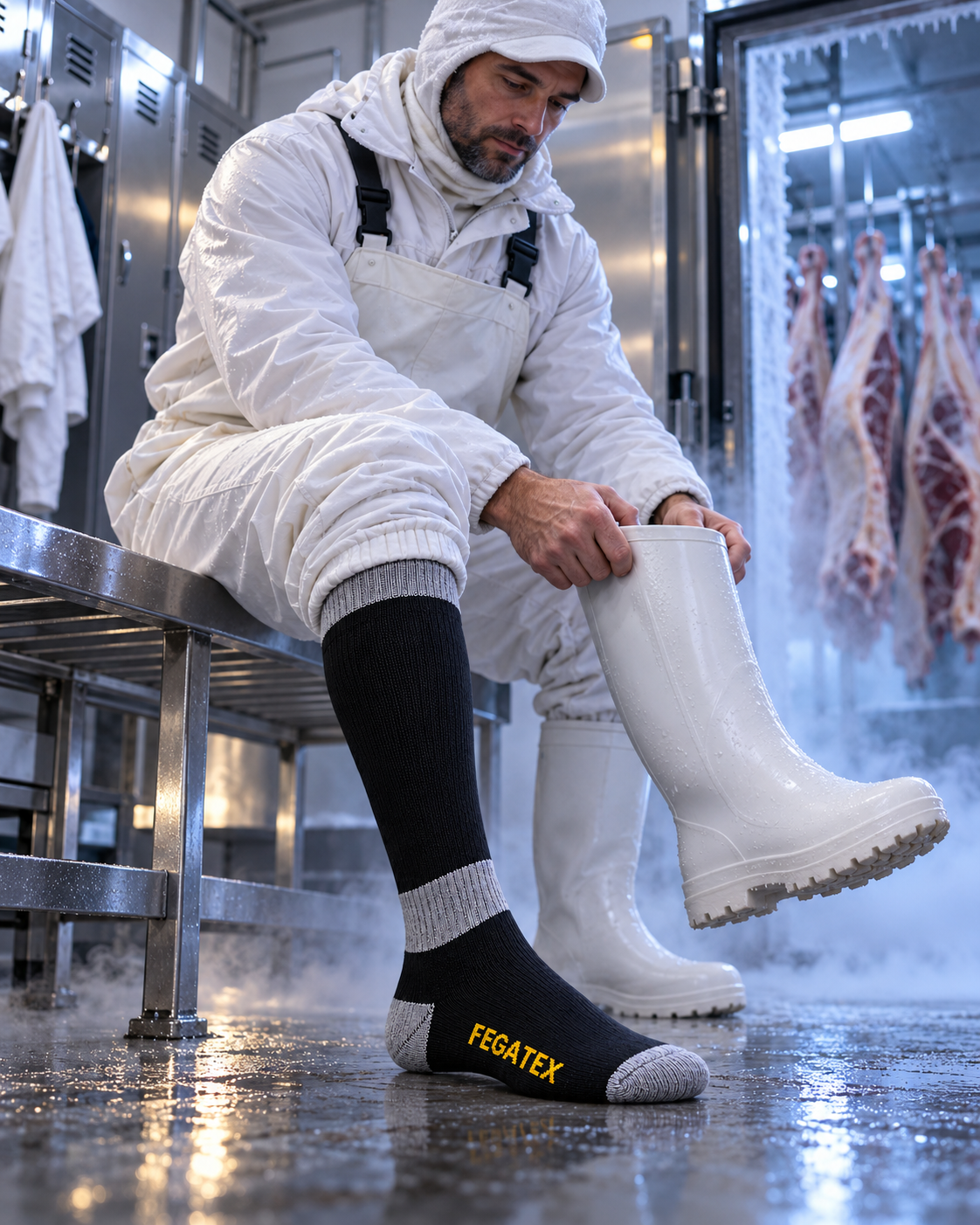 Media Fegatex Industrial utilizada con bota de goma en un entorno frigorífico