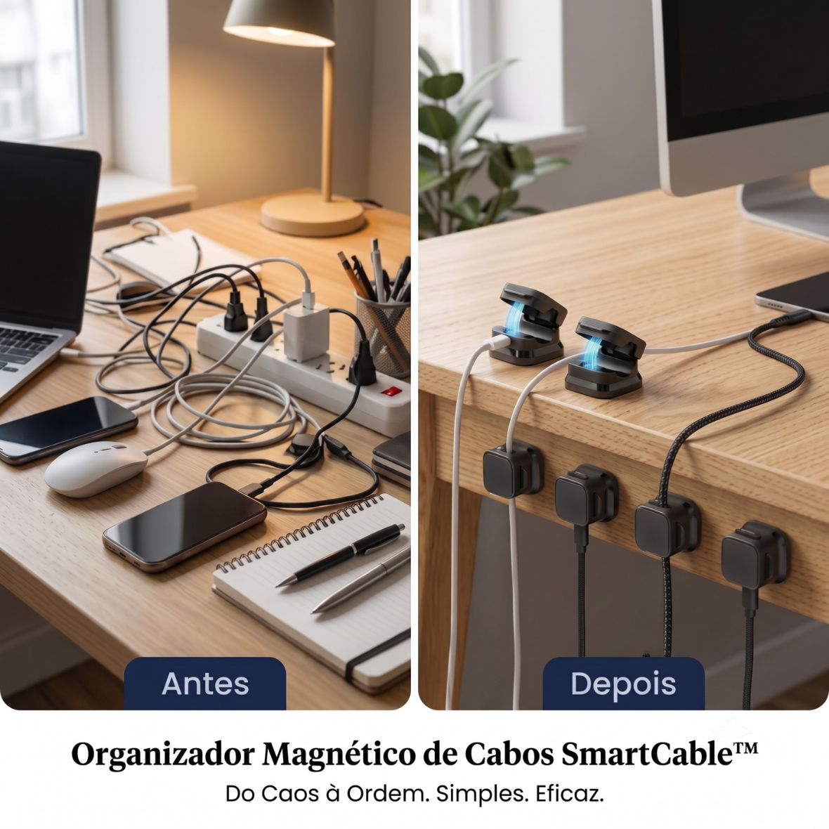 Sugestão de imagem: Close-up de um setup gamer ou escritório organizado com os clipes magnéticos segurando cabos coloridos de forma alinhada