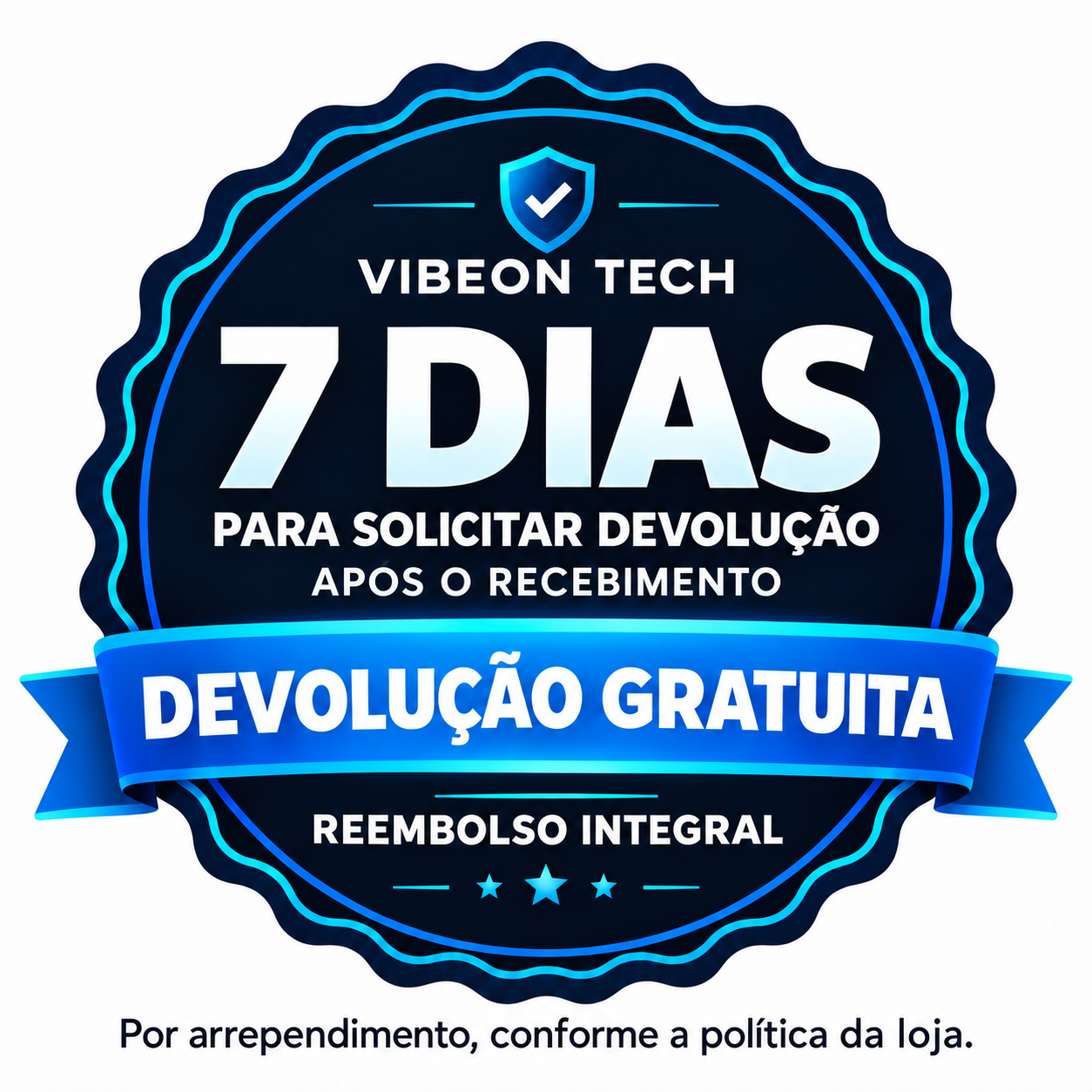 VibeOn Tech: 7 dias ap&oacute;s o recebimento para solicitar devolu&ccedil;&atilde;o por arrependimento, conforme a pol&iacute;tica da loja