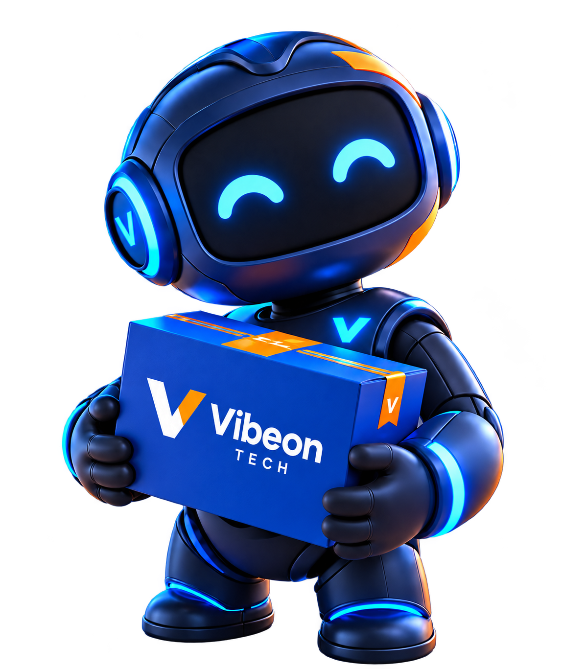 Mascote robô da VibeOn Tech com a caixa da marca