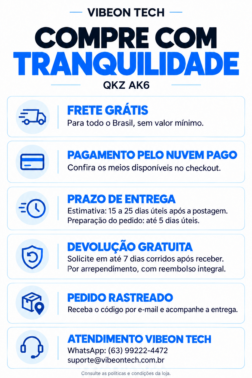 Guia de compra QKZ AK6: frete, pagamento, entrega, devolu&ccedil;&atilde;o e atendimento