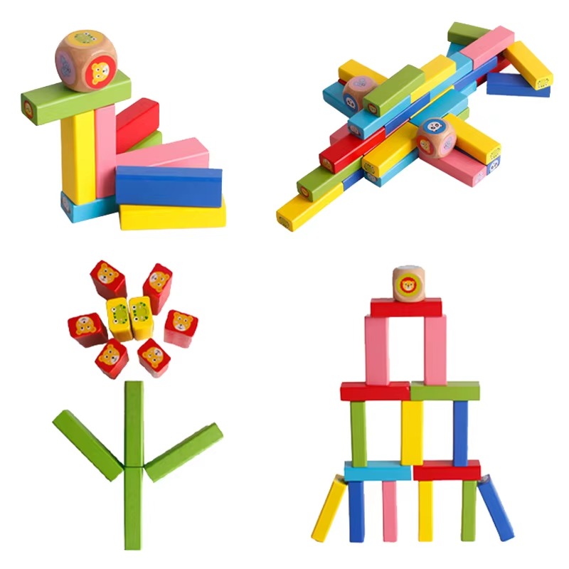 Jogo educativo sensorial infantil com blocos de madeira coloridos para empilhar e cartas de atividades, al&eacute;m de dados com figuras de animais