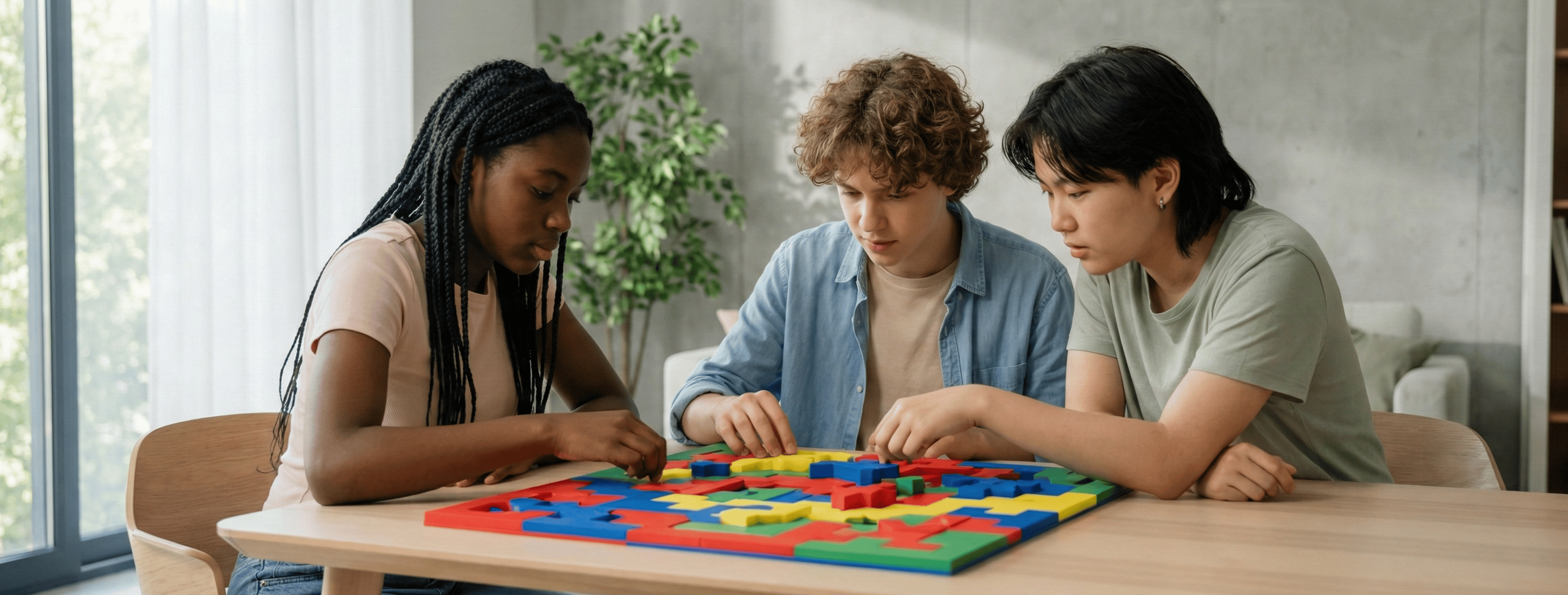 Jovens resolvendo puzzle Trebelho juntos