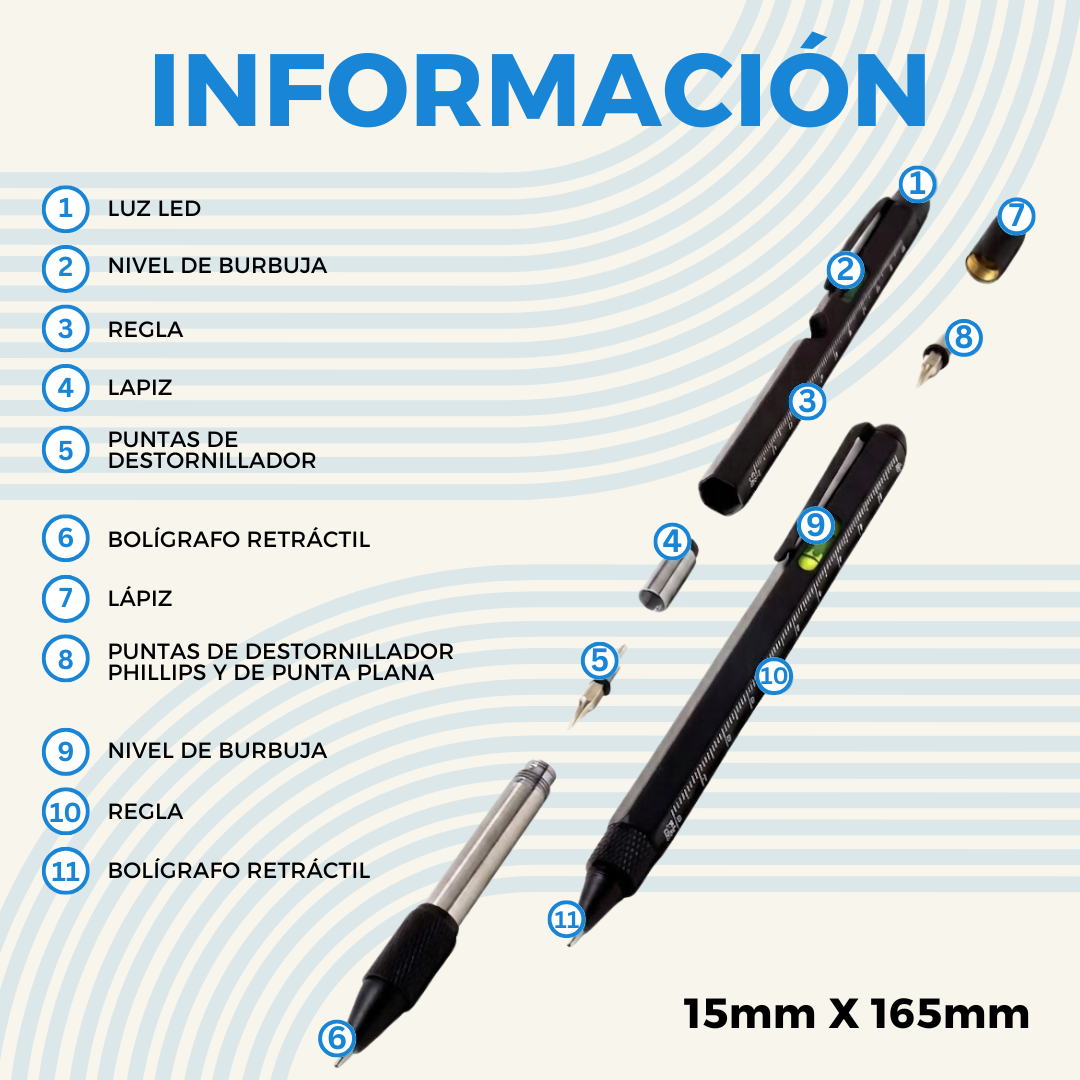 Las 9 funciones de la lapicera: bol&iacute;grafo, linterna LED, puntero t&aacute;ctil, nivel de burbuja, regla, destornillador plano y Phillips, abrebotellas y soporte celular
