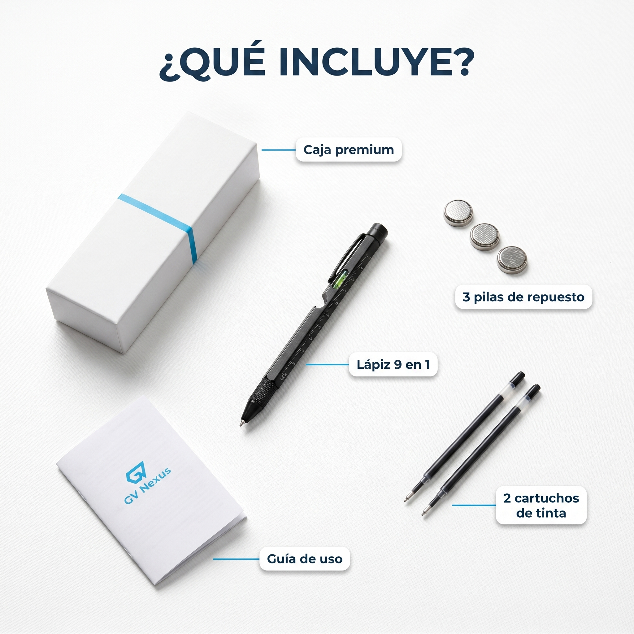 Contenido de la caja: lapicera multifunci&oacute;n, 3 pilas, 2 cartuchos de tinta de repuesto y gu&iacute;a de uso