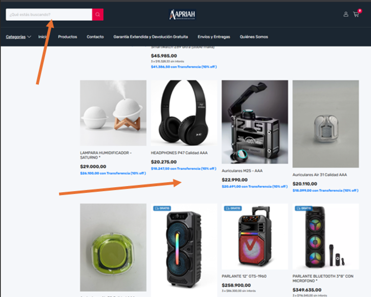 Selección de producto en la tienda