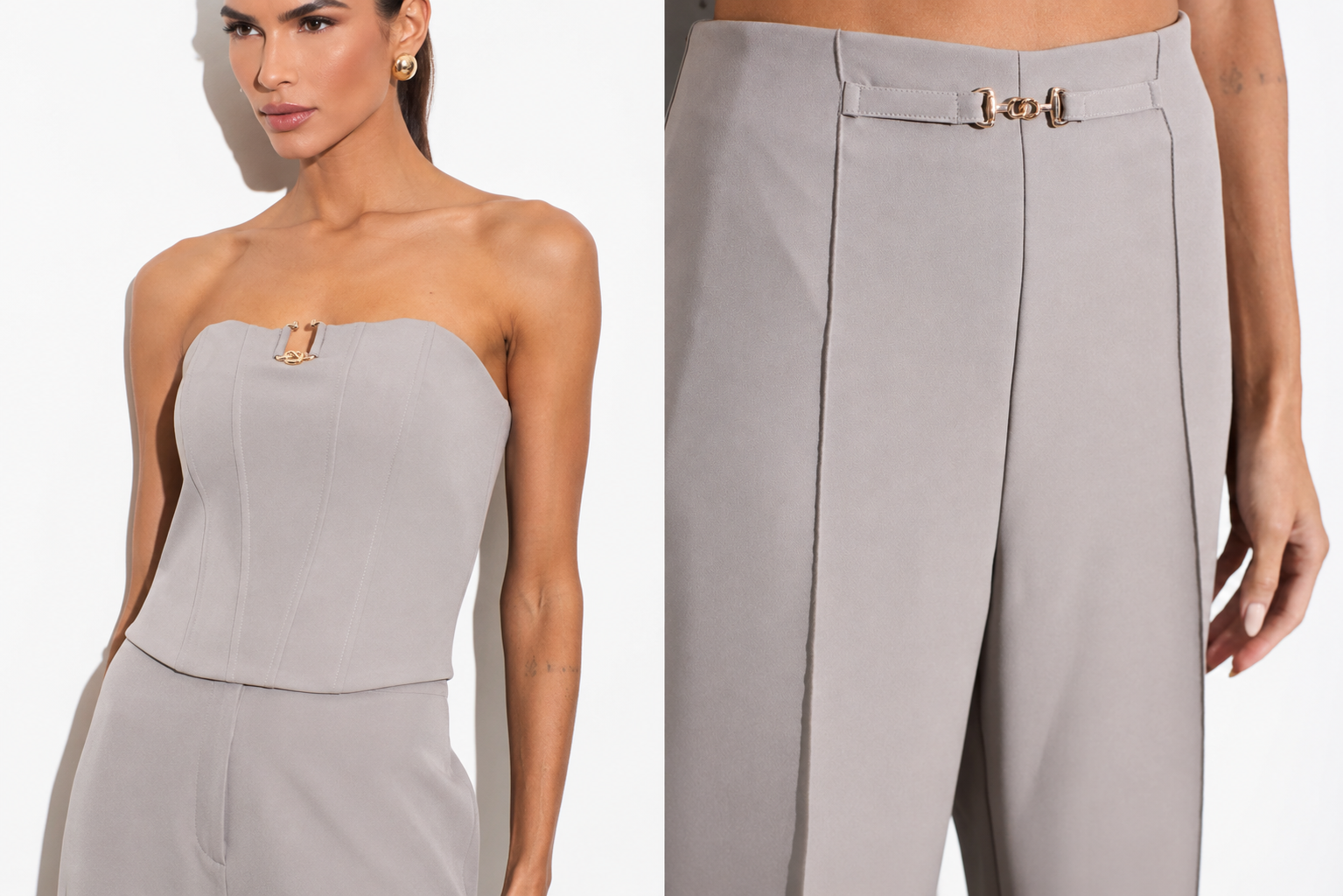 Composi&ccedil;&atilde;o de Roupas Talgui: Corset de Alfaiataria Cinza com Cal&ccedil;a Pantalona