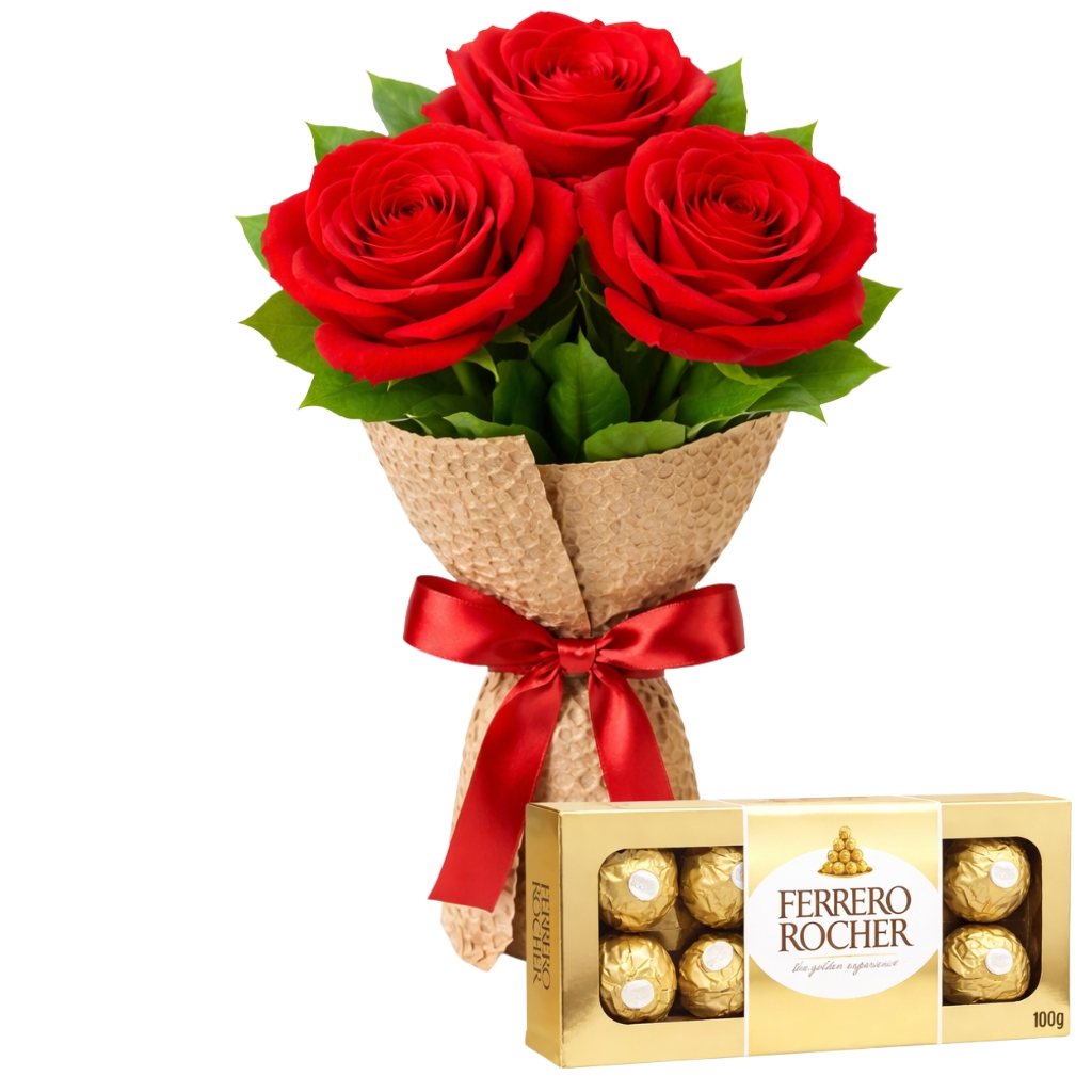 arranjo 3 rosas e ferrero rocher entrega rápida Santo André