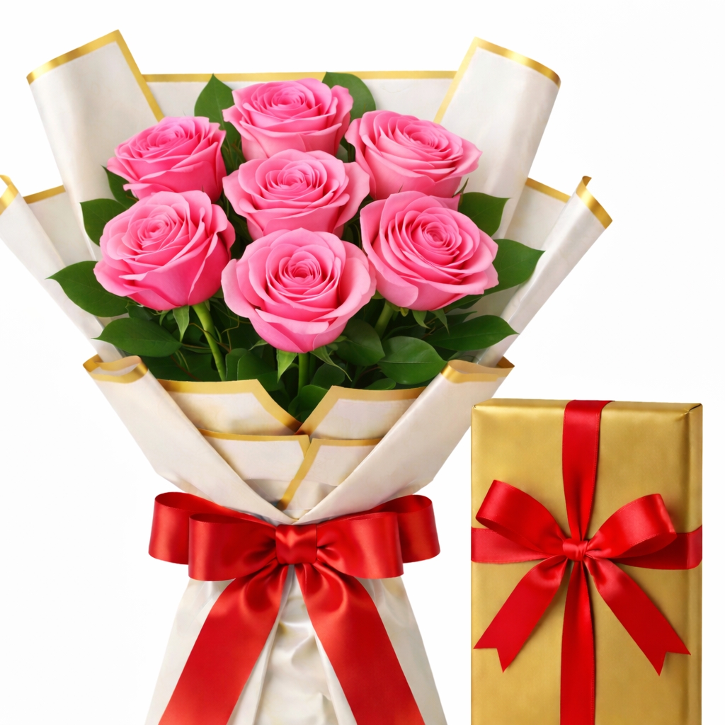 buquê de 7 rosas com chocolates presente dia da mulher com entrega hoje em São Bernardo do Campo, Santo André, São Caetano do Sul e São Paulo