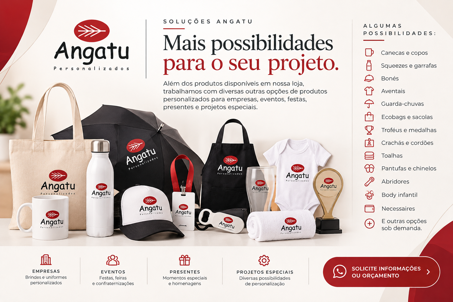 Soluções Exclusivas Angatu com produtos personalizados para empresas, eventos, presentes e projetos sob demanda.