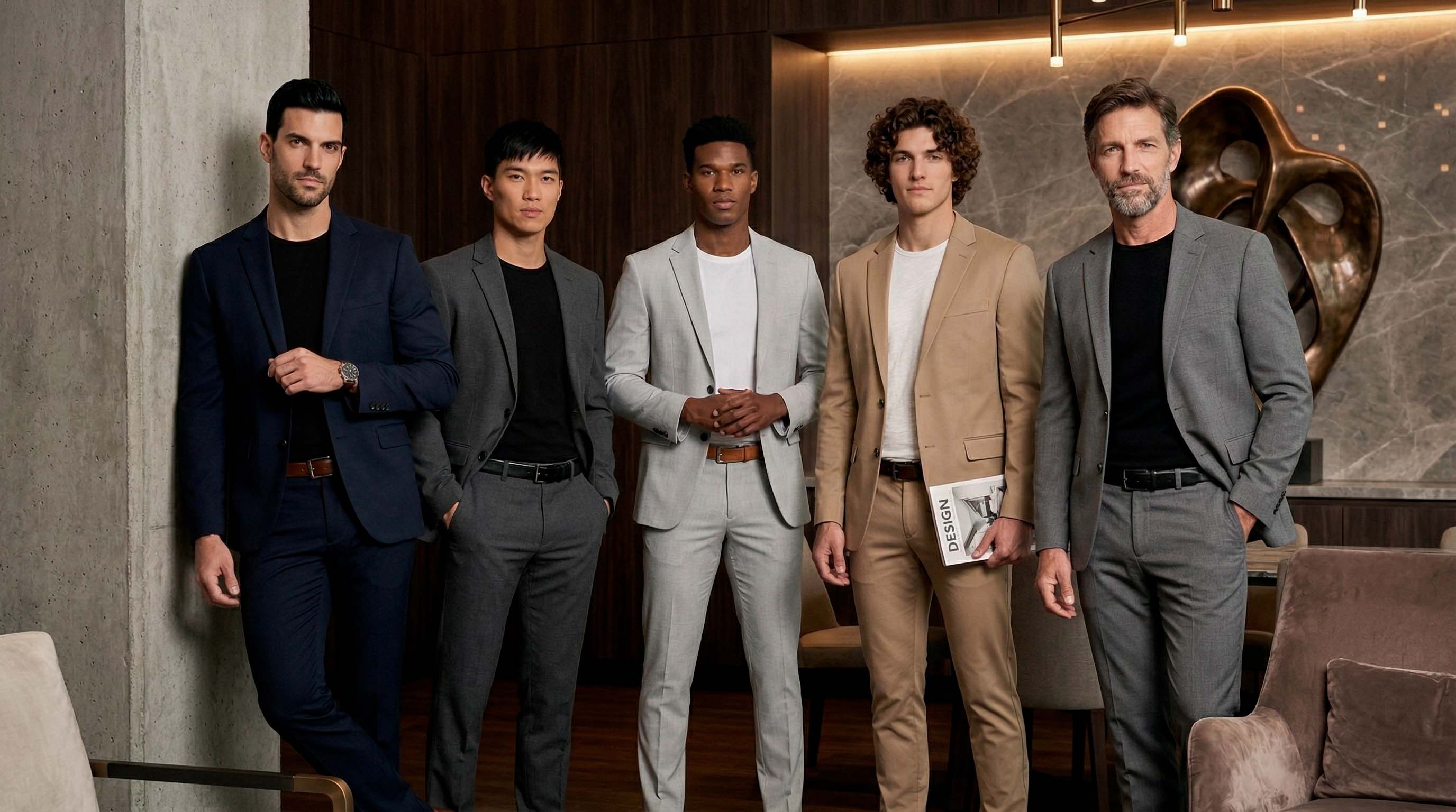 Cinco hombres con trajes de etiqueta moderna y camisetas b&aacute;sicas premium en un penthouse - Mark & Paul