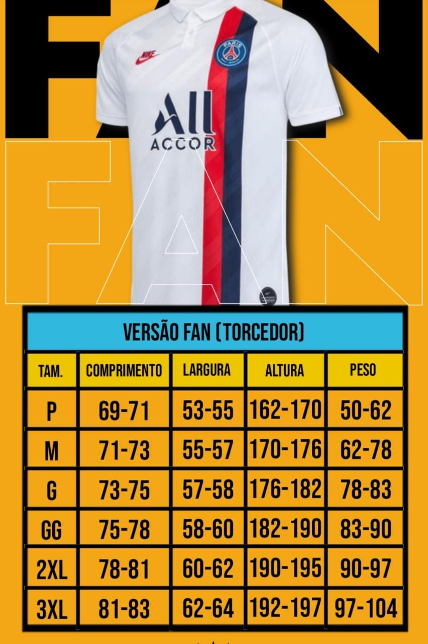 TABELA DA TAMANHOS - VERS&Atilde;O TORCEDOR