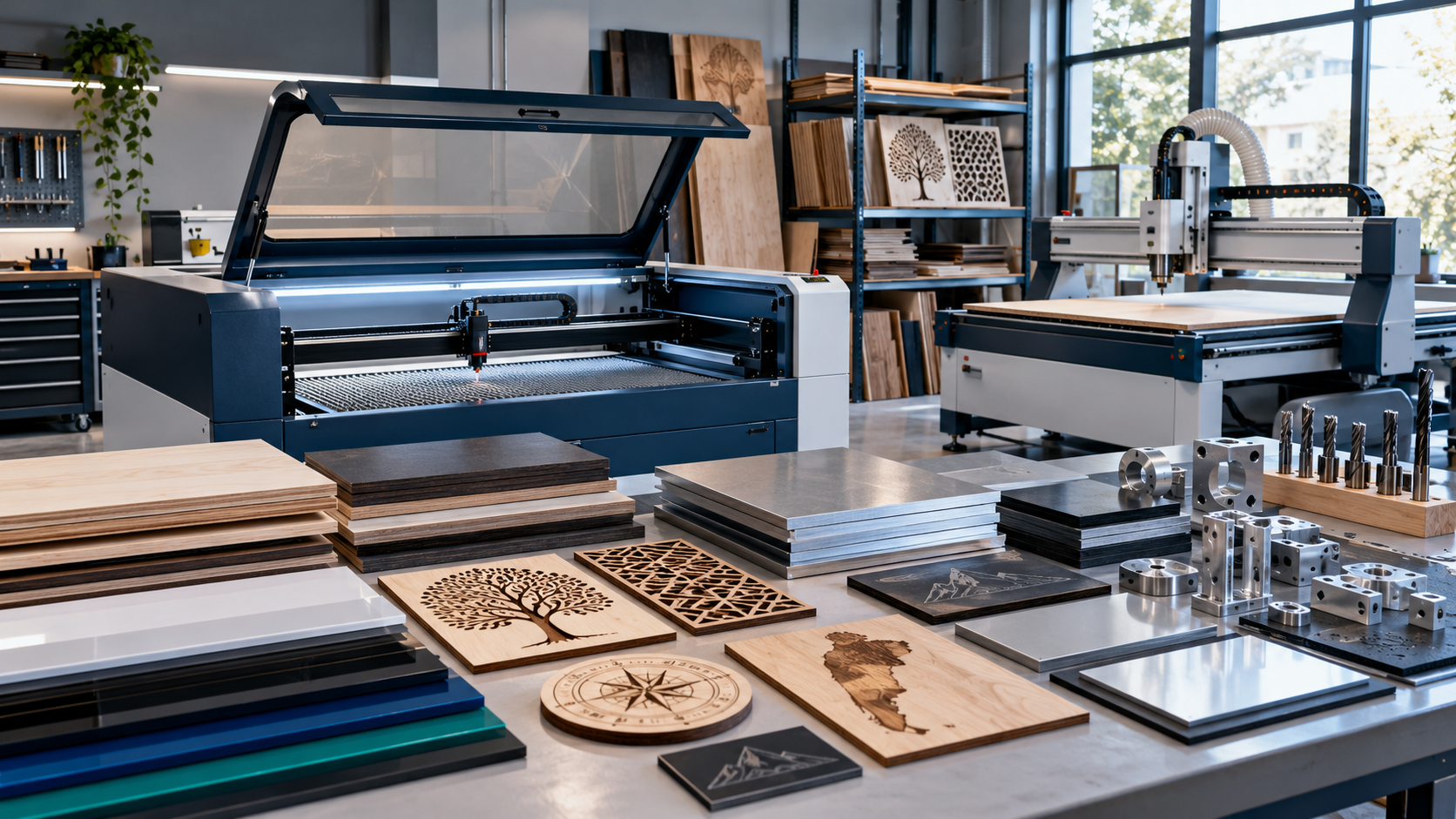Taller tecnológico DTMAQ con máquinas láser, router CNC y materiales para producción