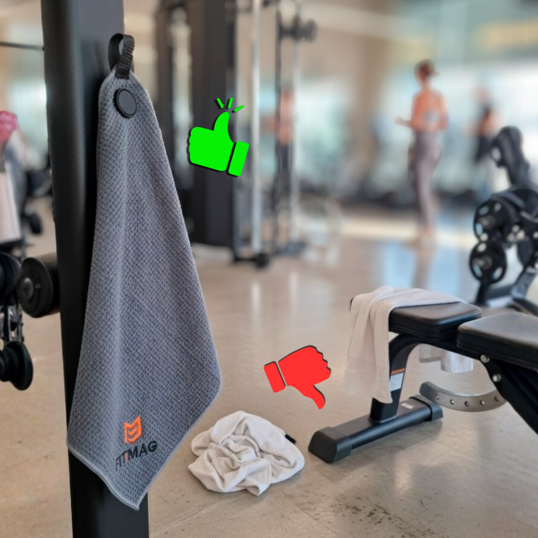 Toalla FitMag fijada en distintas máquinas durante el entrenamiento