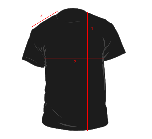 Infográfico de medidas da camiseta preta Kabece em algodão orgânico, indicando pontos de medição para comprimento, largura e ombro.