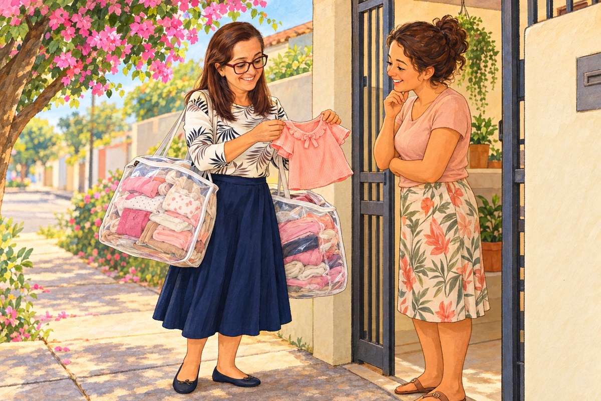 Celeste apresentando roupas a uma cliente