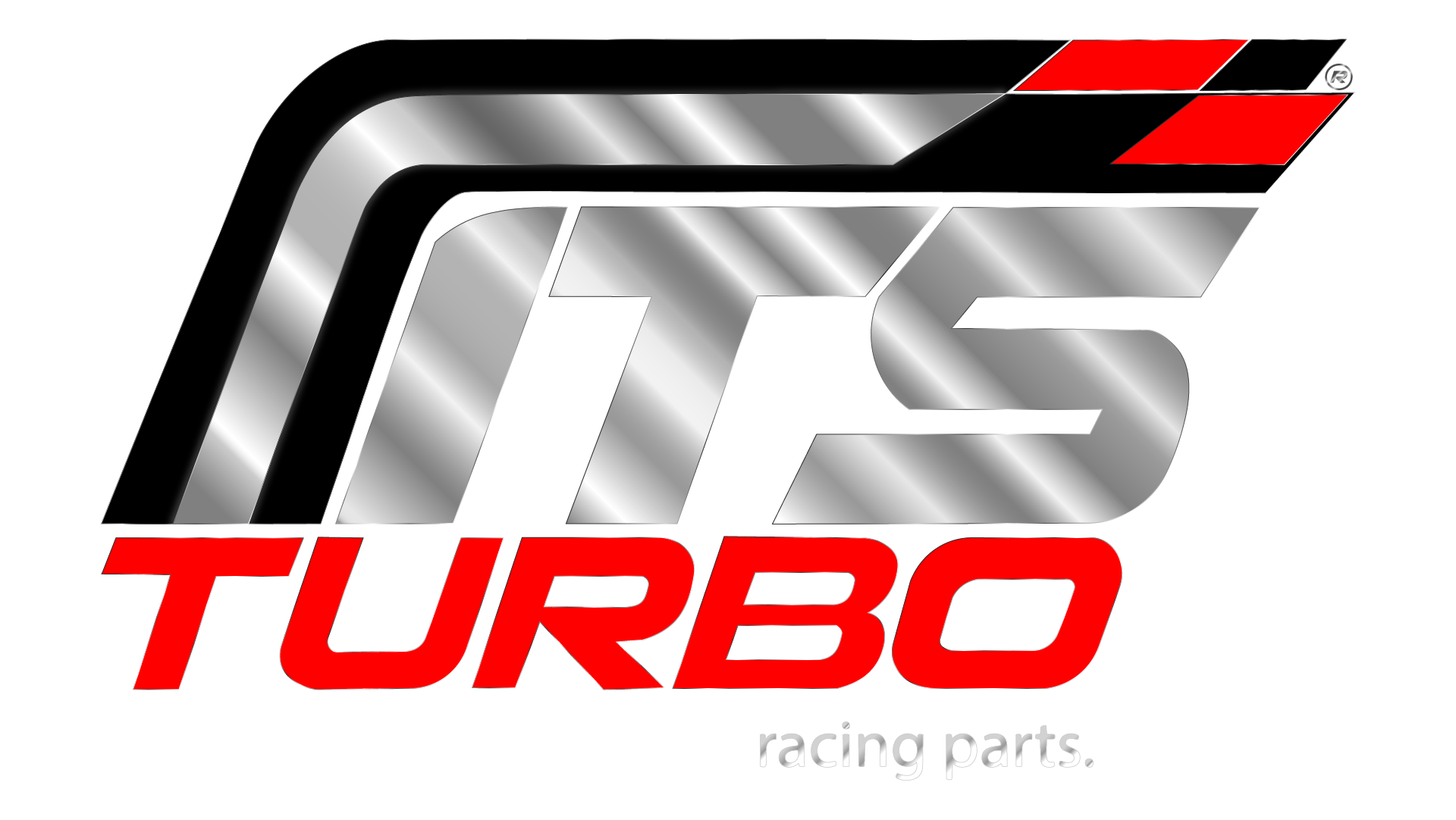 Nosso novo logo, forjado no reflexo das experiências que tivemos até aqui. Logotipo com letras metálicas em ITS e vermelho em TURBO. Acima, uma faixa estilizada preta e vermelha. Abaixo, em letras menores, lê-se: racing parts.
