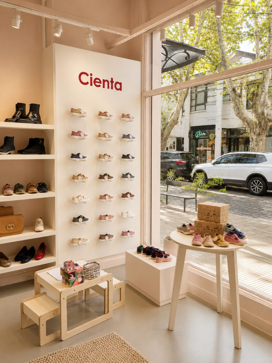 Tienda Cienta en Martínez, con la pared de zapatillas y la vidriera a la calle