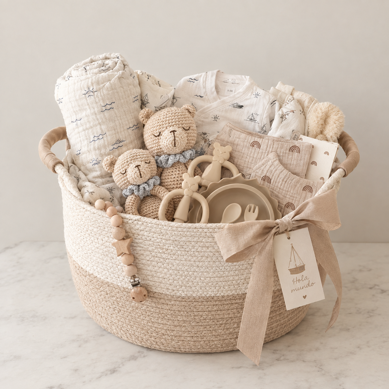 Kit de nacimiento Hello World de Lullaby con cesto, manta y accesorios para bebé