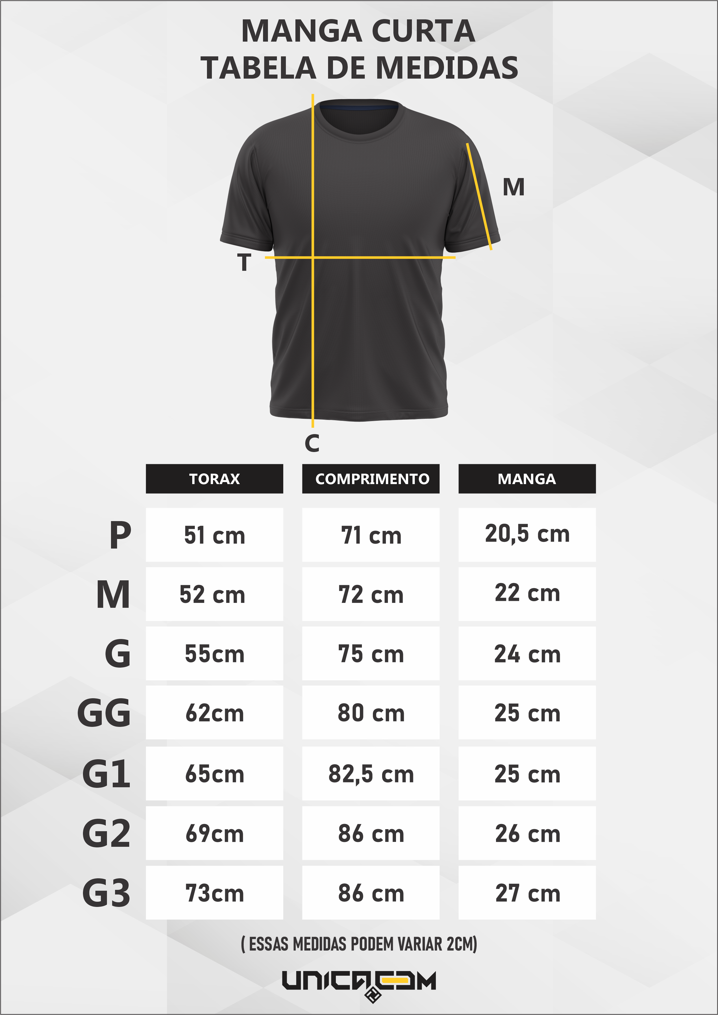 tabela de medidas para camiseta manga curta