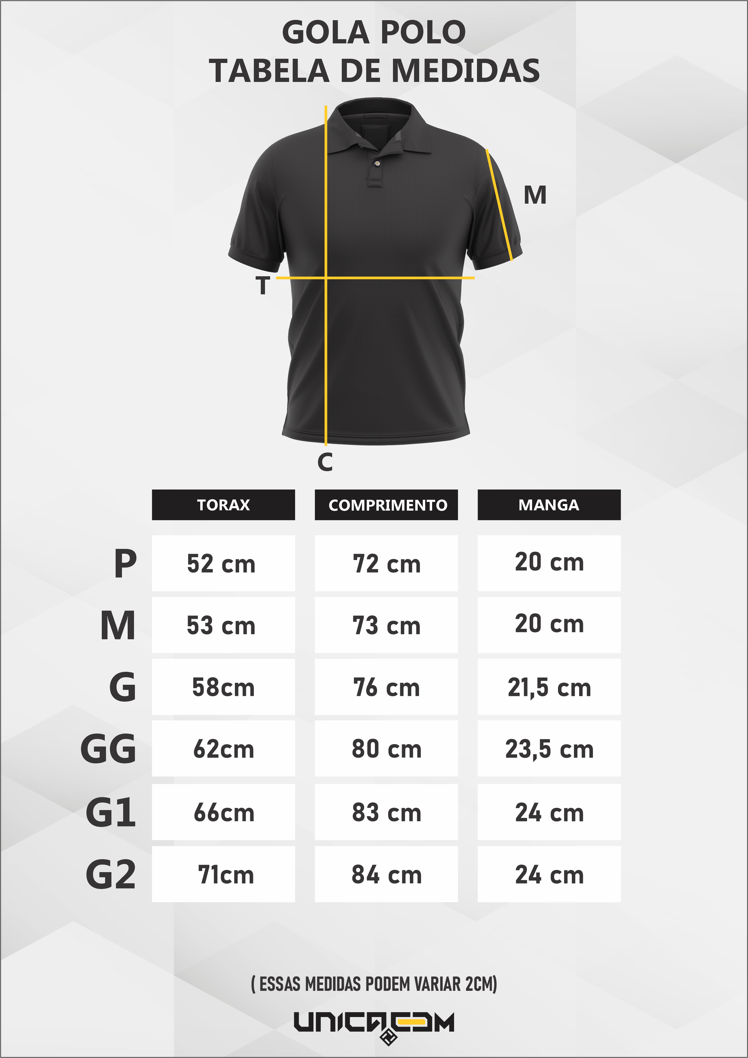 tabela de medidas gola polo