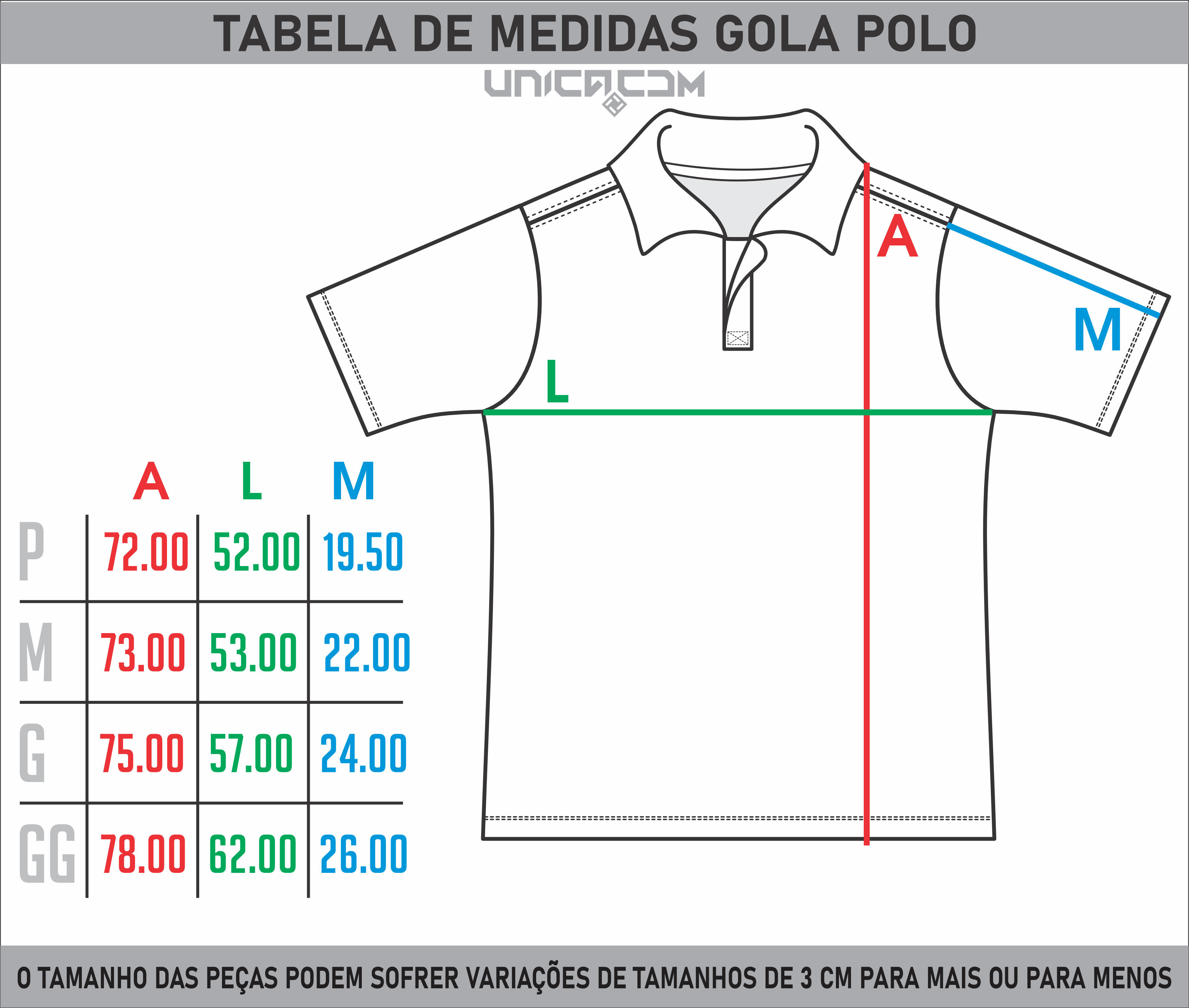 Tabela de medidas da gola polo
