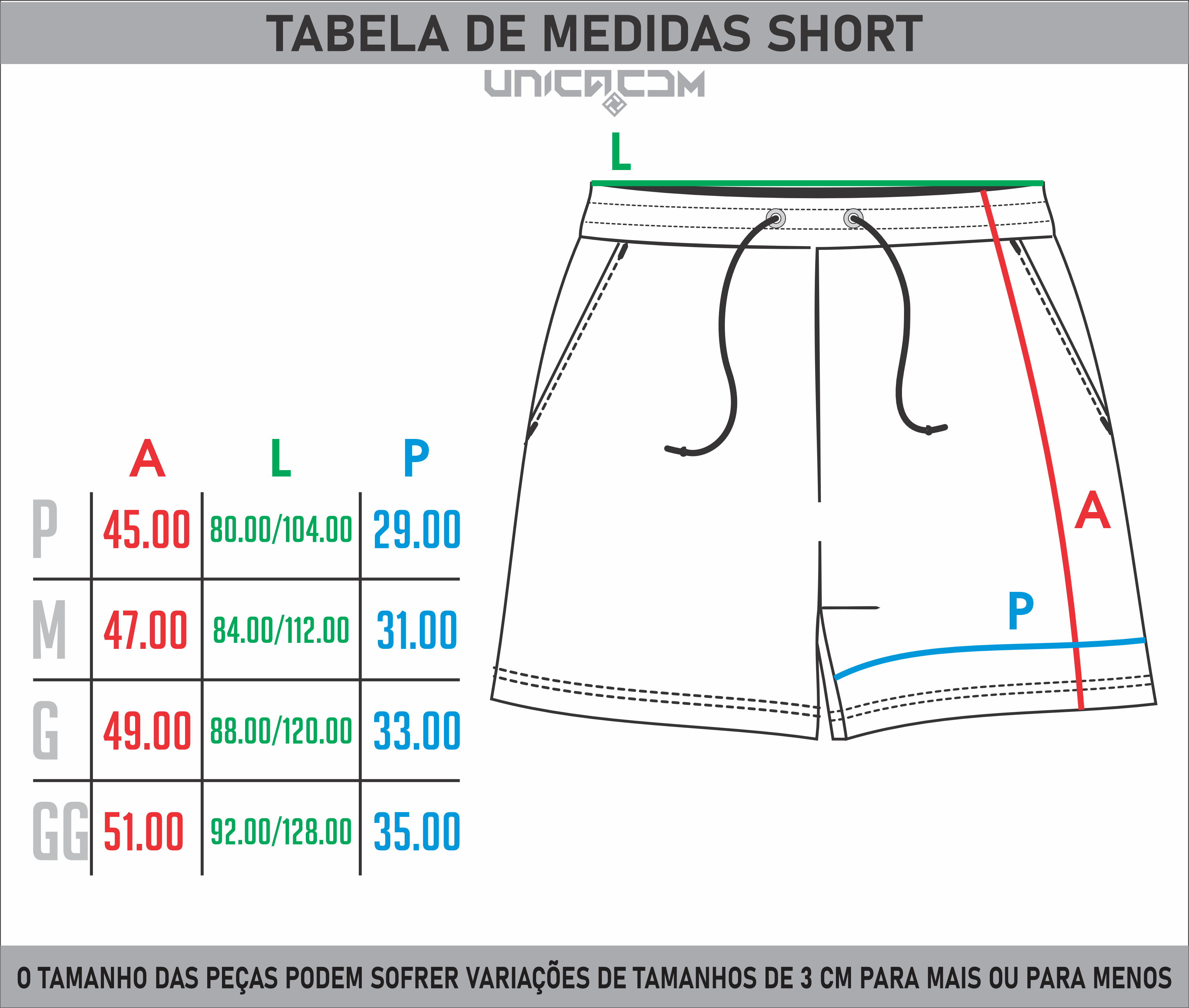 Tabela de medidas para shorts