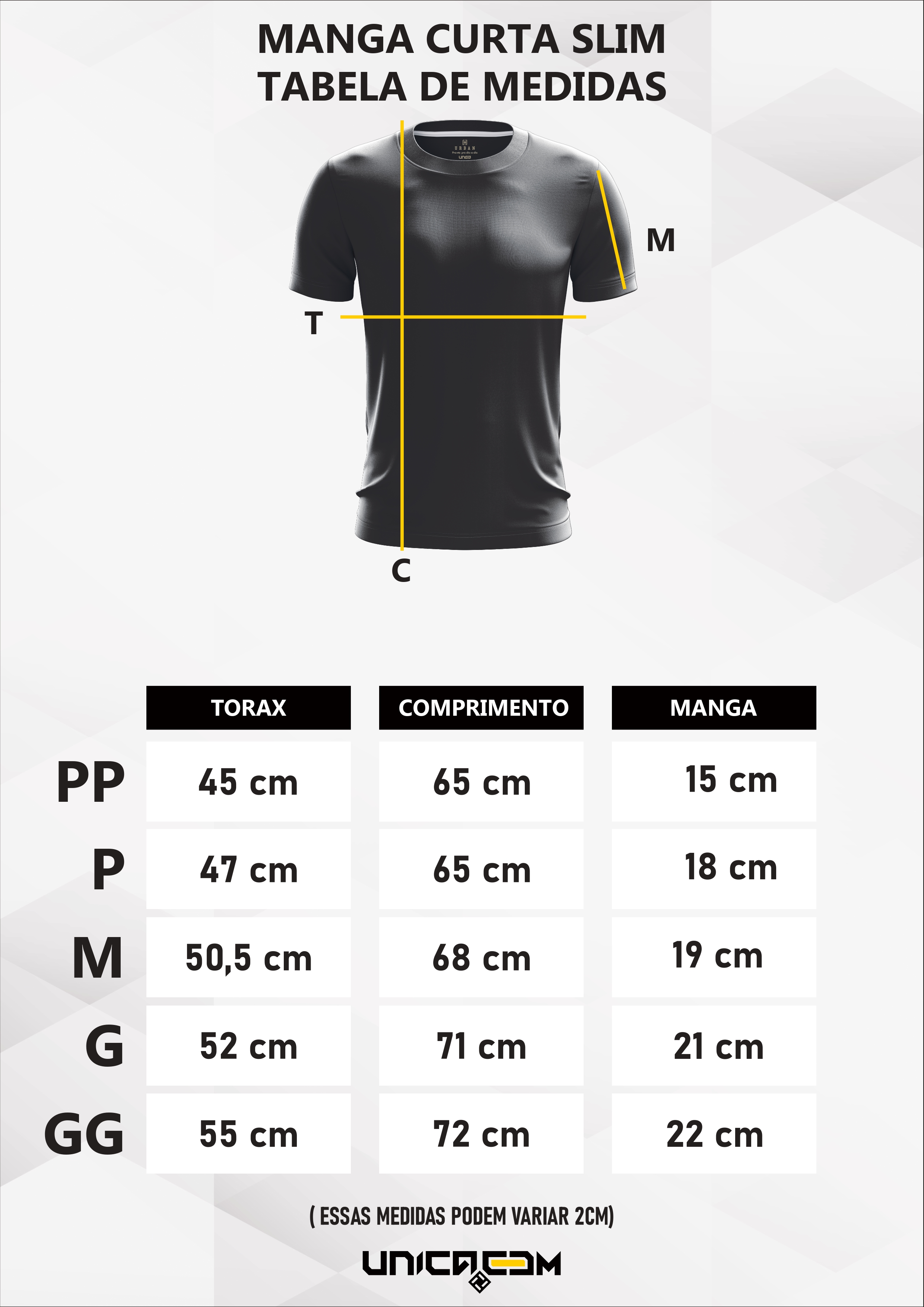 Tabela de medidas da manga curta slim masculina