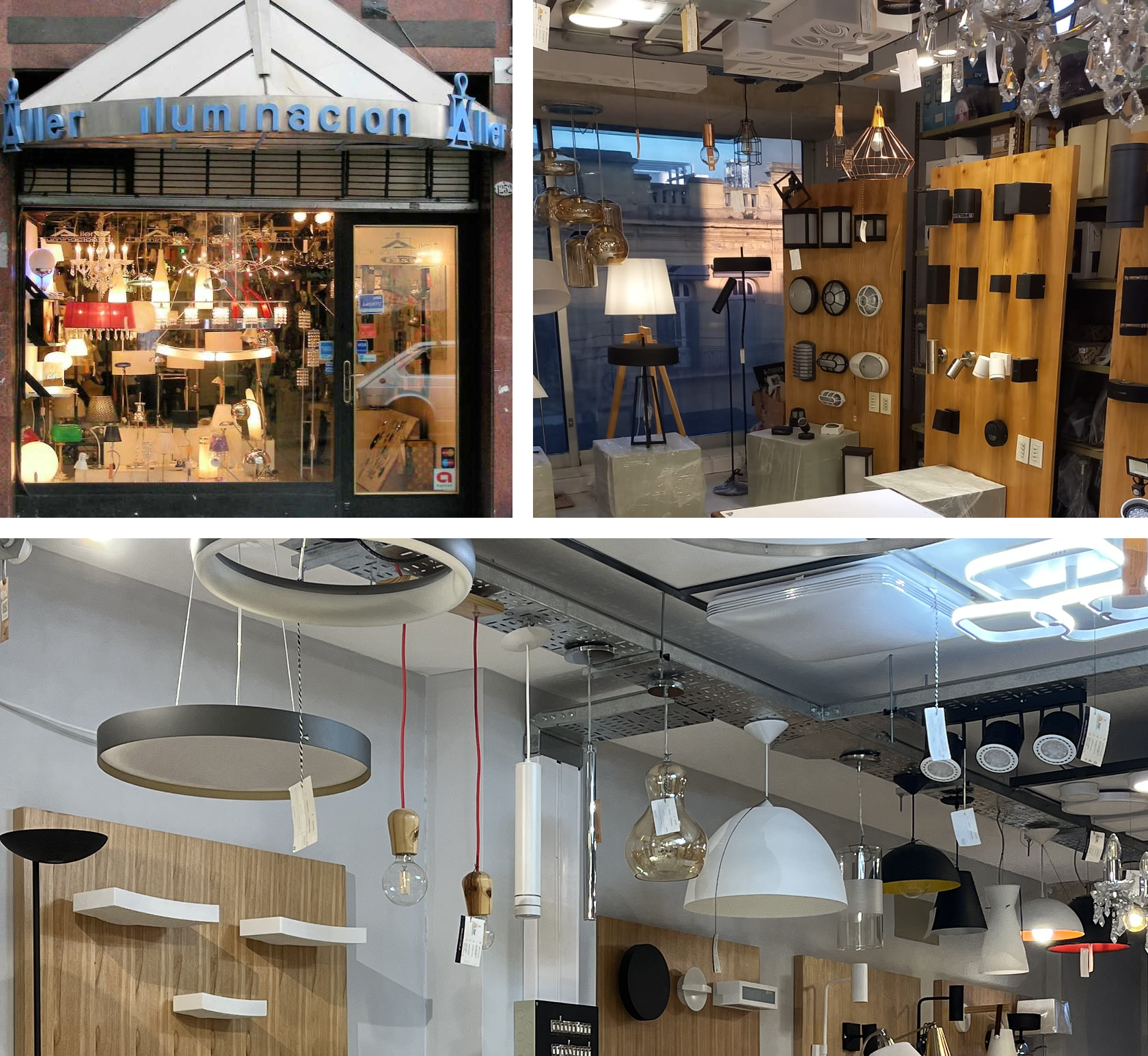 Fachada del local histórico de Aller Iluminación en el barrio de Retiro y del actual showroom en Colegiales, Buenos Aires