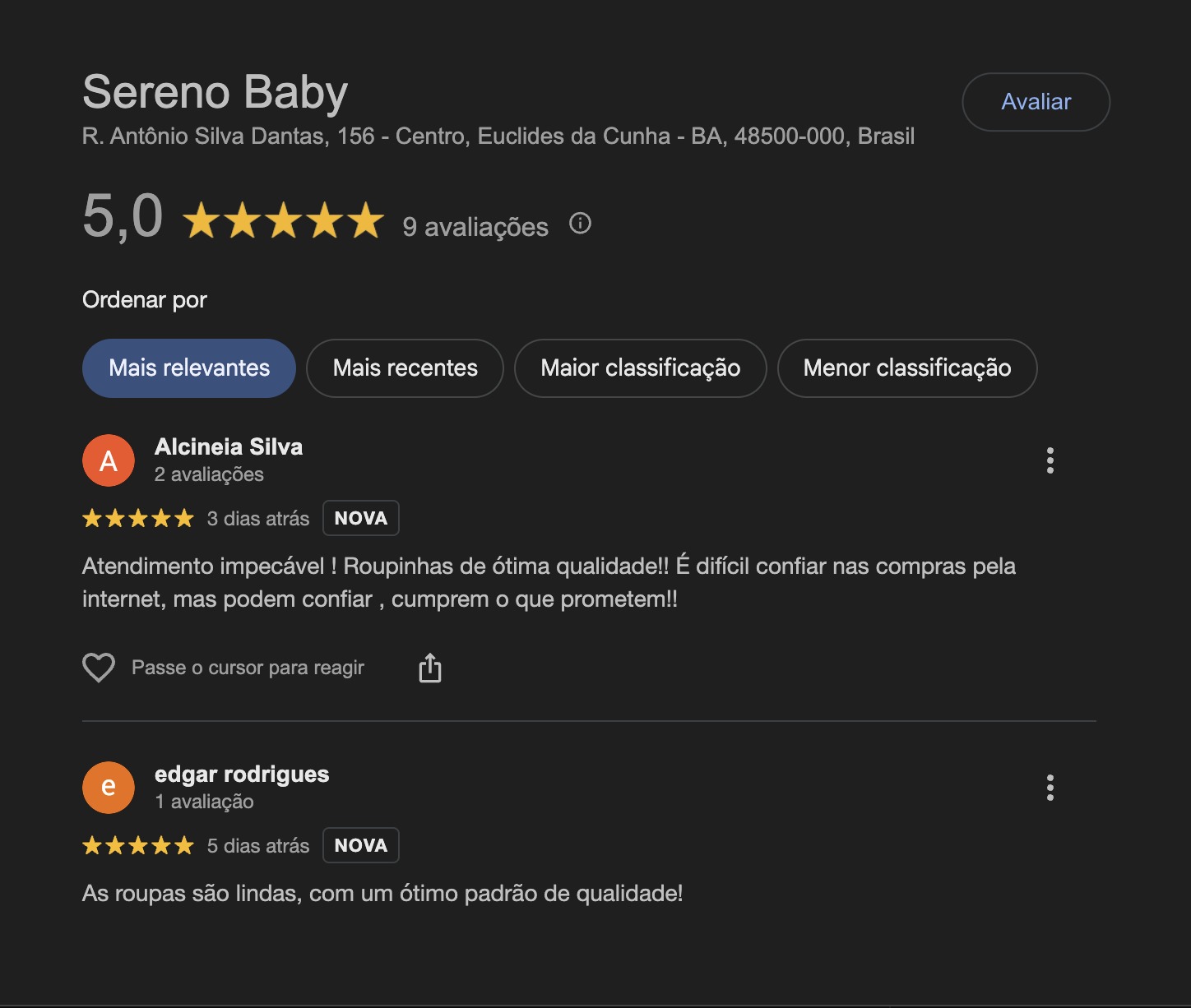 depoimentos de clientes da sereno baby no google avaliações
